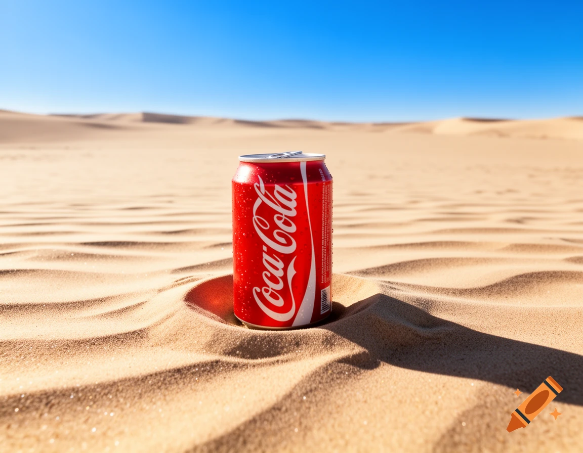 A photorealistic image of a red Coca-Cola can standing upright in the rippled sand of a vast desert under a clear blue sky.