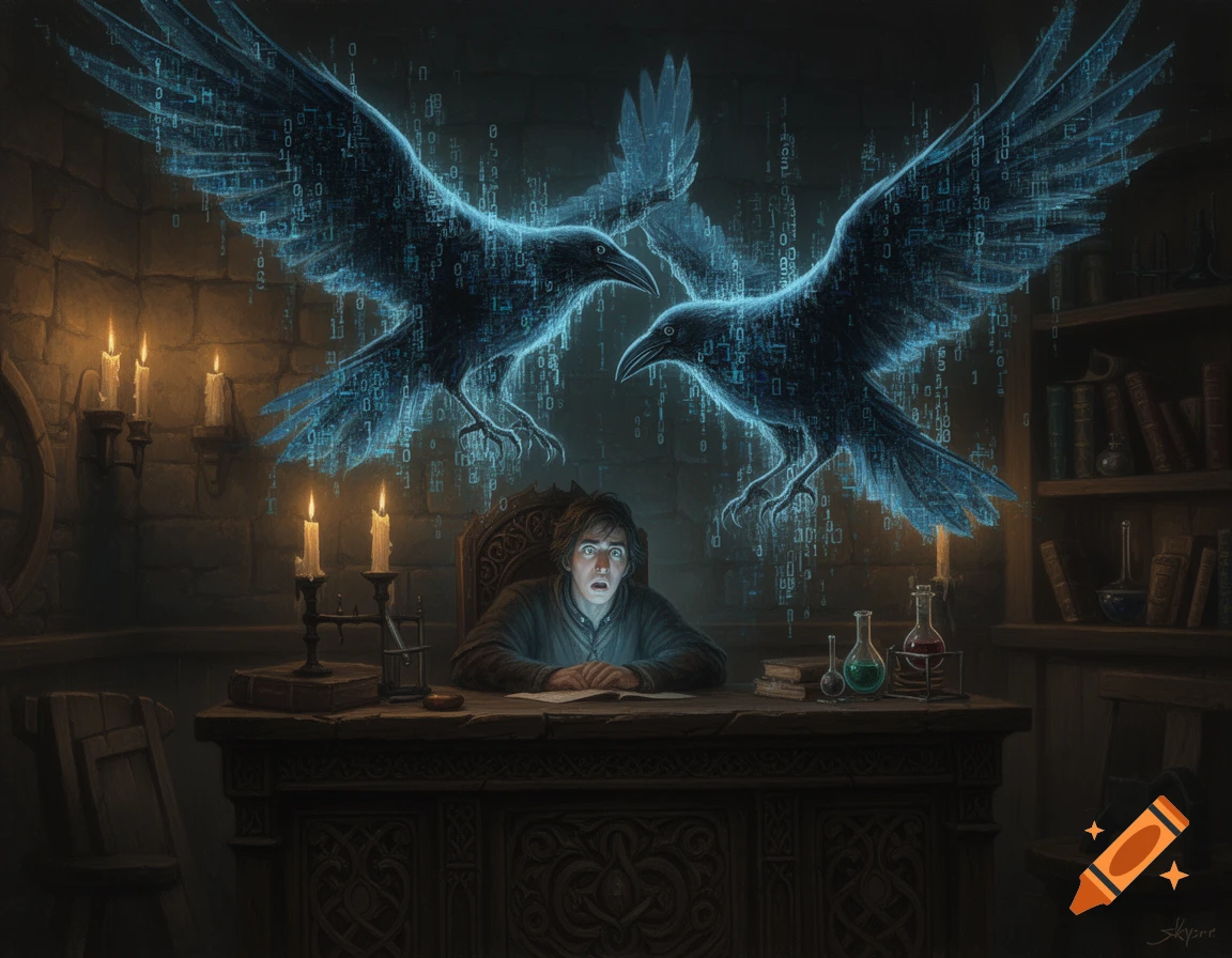 A man with a surprised expression sits at a dark medieval desk, looking up at two glowing crows made of binary code in a candlelit room.