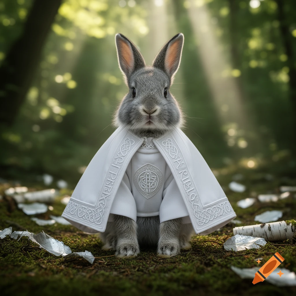 A photorealistic grey rabbit wearing a white Celtic tunic and cape sits in a sun-dappled forest.