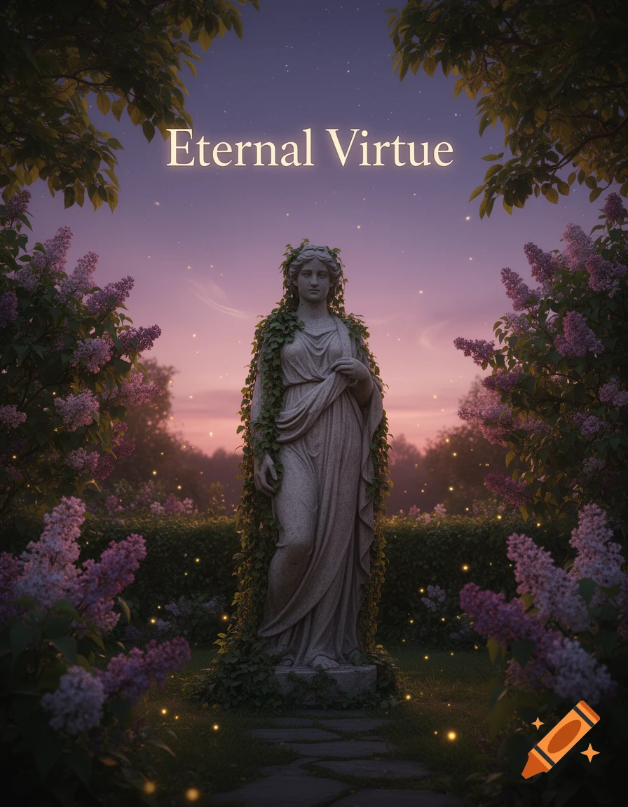 A classical stone statue adorned with ivy stands amidst glowing fireflies in a magical garden at dusk, under a starry pink-purple sky, with 'Eternal Virtue' text.