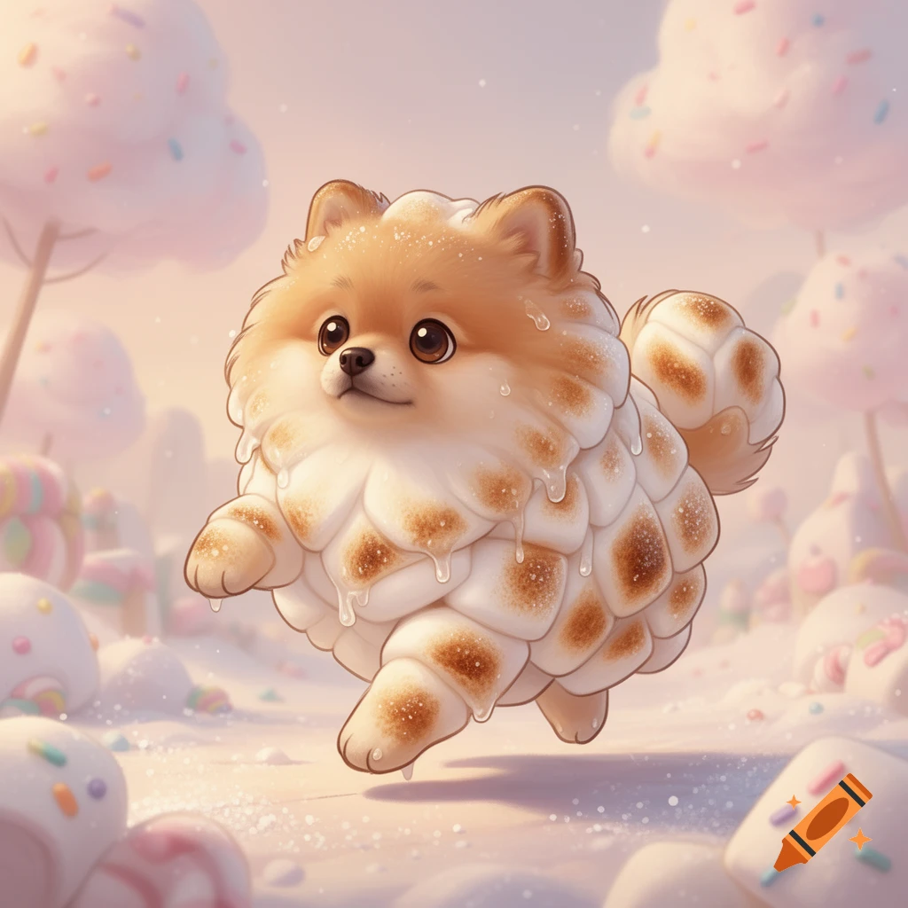 A cute cartoon marshmallow Pomeranian with melted parts runs through a pastel candy land with candy trees and sprinkles.
