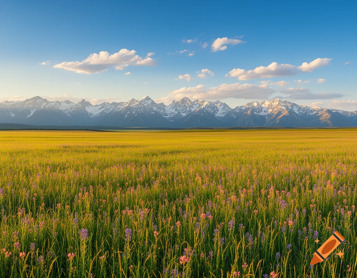 A wide shot of a vast green field with purple and pink wildflowers, backed by snow-capped mountains under a bright blue sky.
