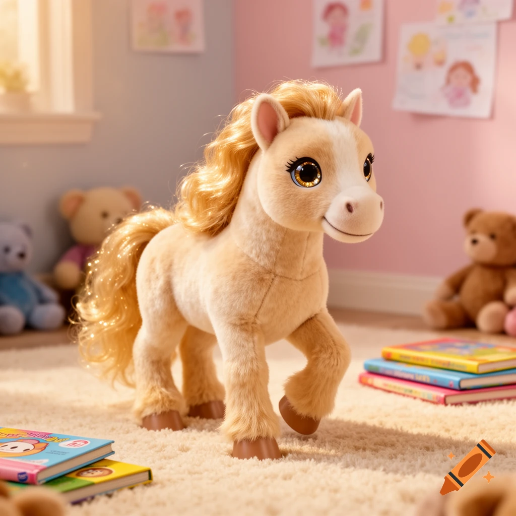 Photorealistic image of a light brown plush pony toy with a blonde mane and tail, standing on a carpet in a child's room.