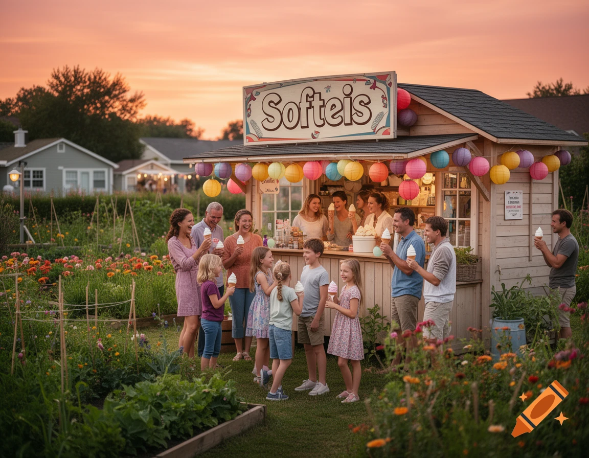 Families and children gather around a soft serve ice cream stand in a vibrant community garden at sunset, enjoying cones.