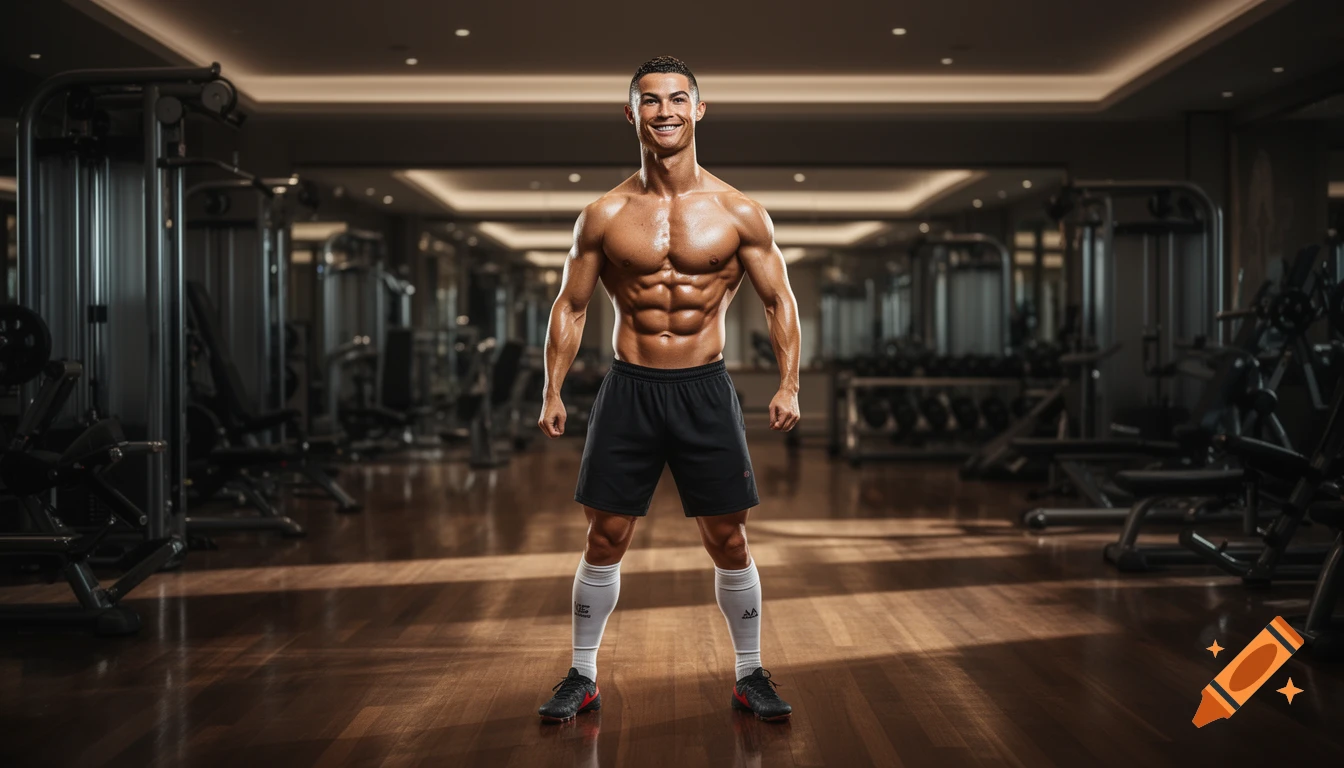 Cristiano Ronaldo, shirtless and muscular, smiles at the camera while standing in a high-end gym.