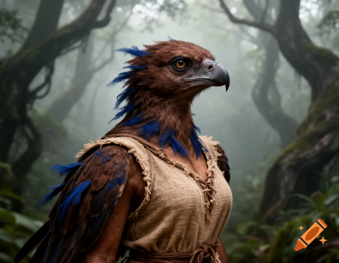 A brown-feathered aarakocra with blue-tipped feathers and human-like arms wears a simple tunic in a misty jungle.