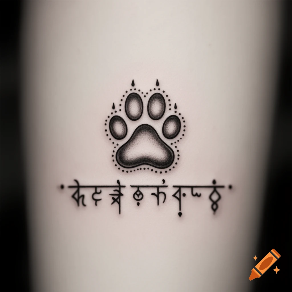A stylized black and white paw print tattoo with a dotted outline, above a line of decorative, unreadable symbols.