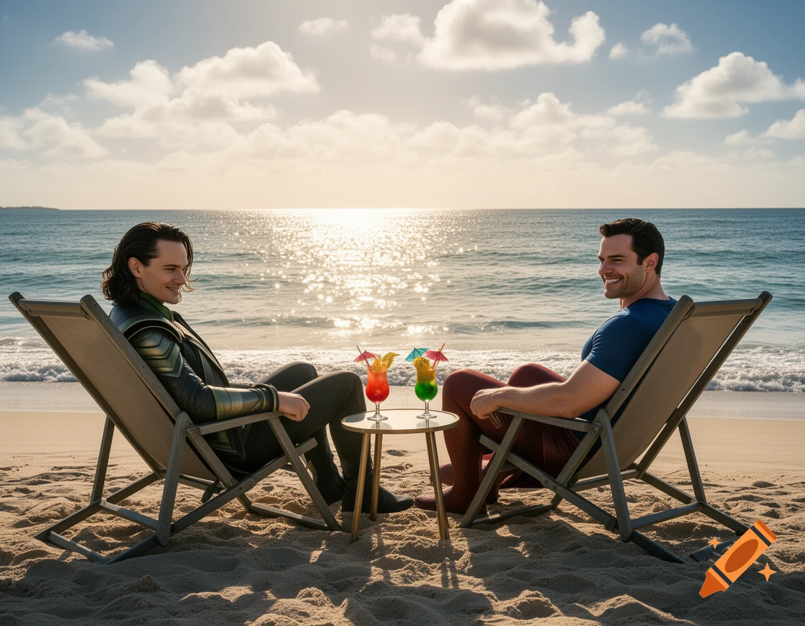 Photorealistic image of Loki and Superman sitting on beach chairs, holding cocktails, with the ocean and a sunny sky in the background.