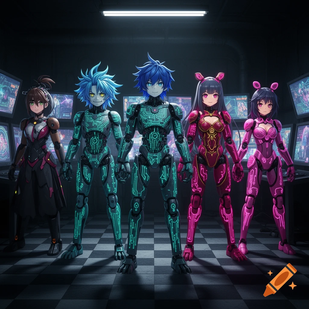 Five anime-style characters, including two males in green circuit suits and two females in pink/red circuit suits, stand in a dark tech room.