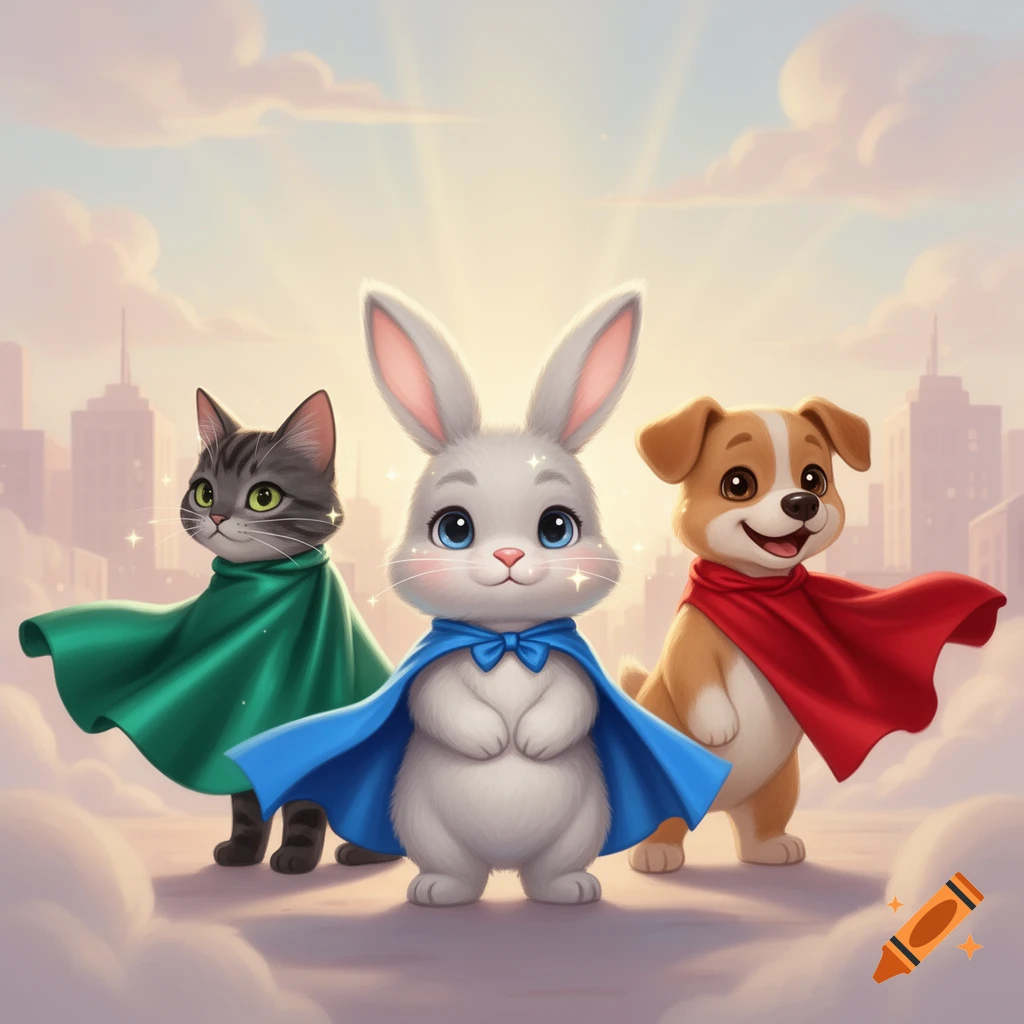 Cute cartoon superhero bunny, cat, and dog in colorful capes standing on clouds above a city skyline.