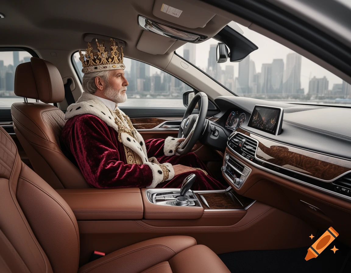 A bearded man in a golden crown and rich red velvet king's robes sits in the driver's seat of a luxury car, with a city skyline behind him.