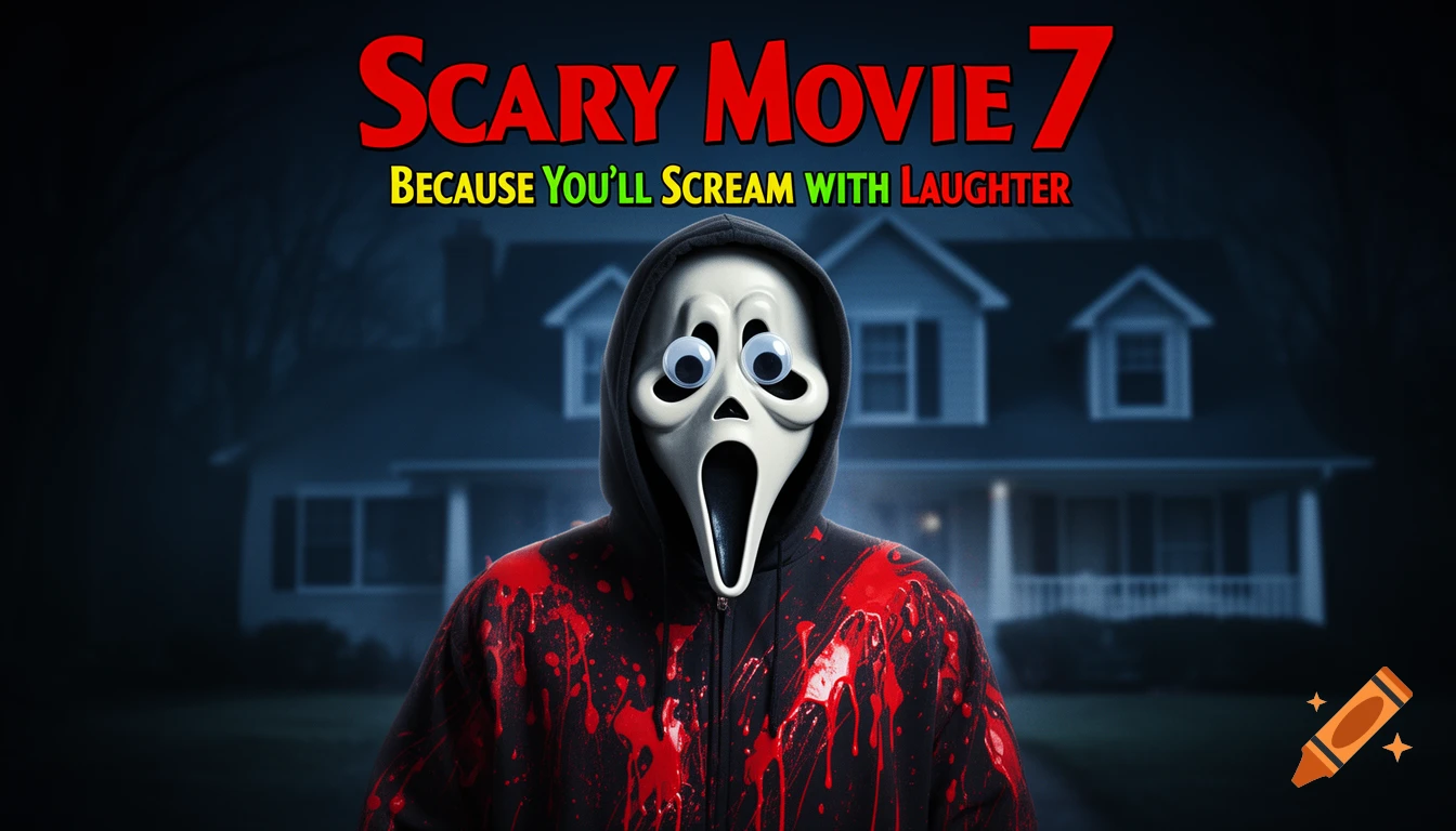 Ghostface with googly eyes and a blood-splattered hoodie stands before a dark house, with 'Scary Movie 7' text.