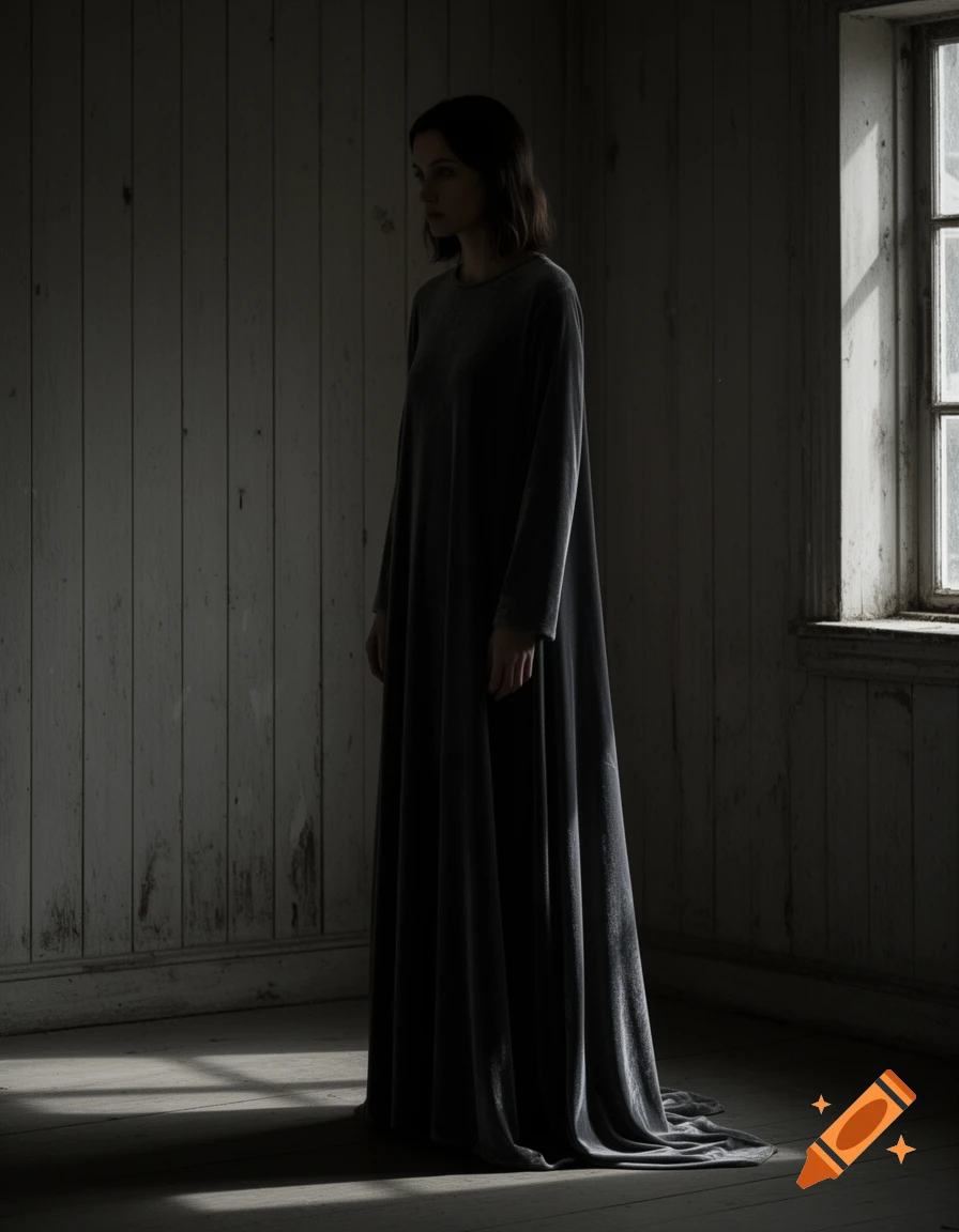 A somber woman in a long, dark dress stands in a dimly lit, rustic room with sunlight streaming through a window.