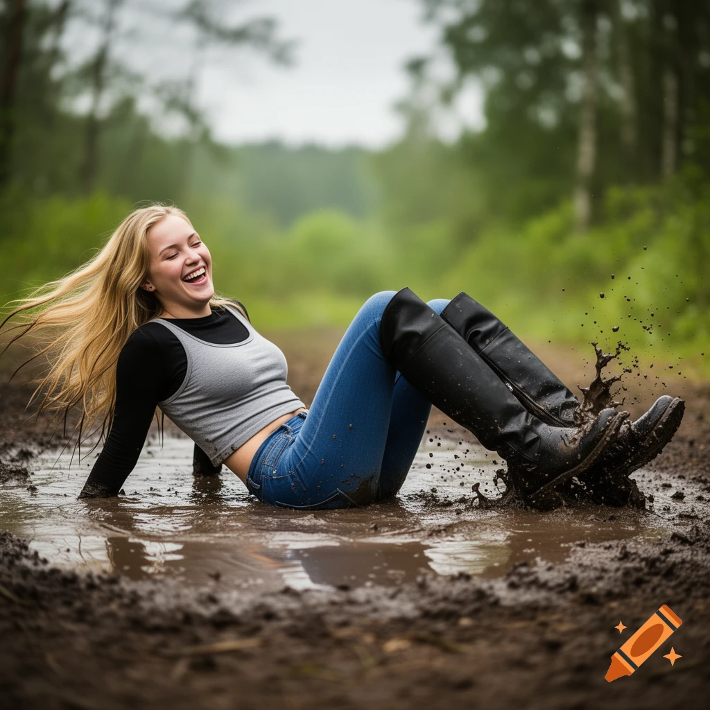 A happy blonde woman in jeans and tall black boots splashes in a muddy puddle on a forest path.