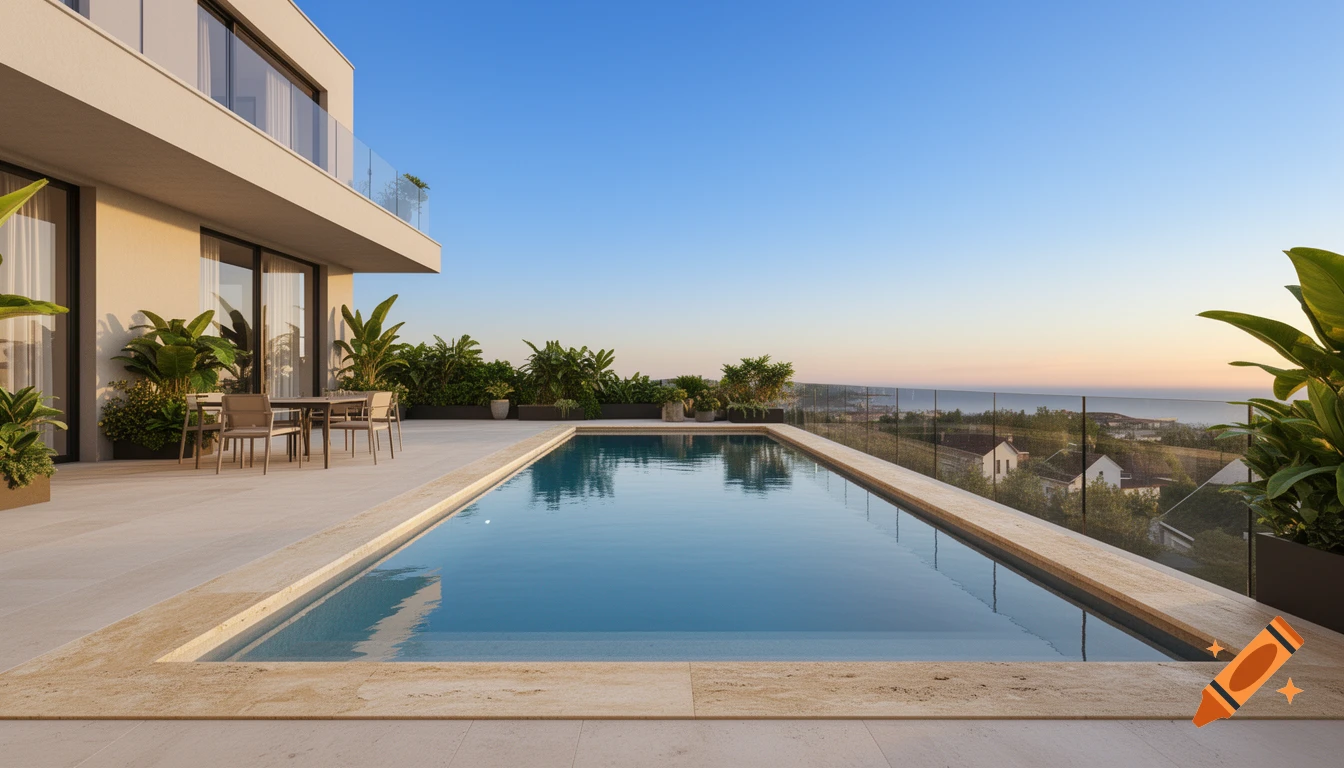 Modern house with an infinity pool on a patio, overlooking a landscape with distant houses and the ocean at sunset, photorealistic.