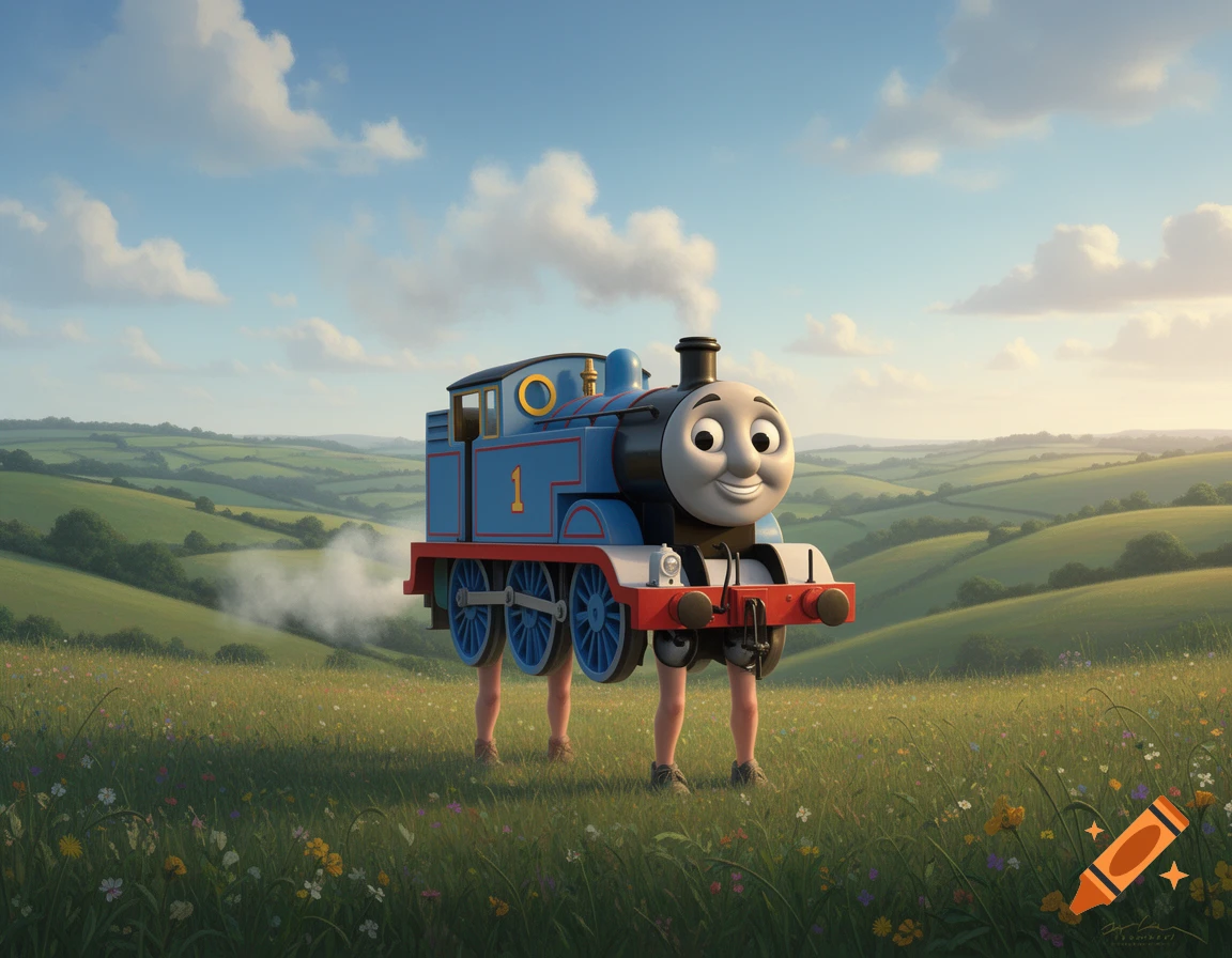 Thomas the Tank Engine with human legs instead of wheels stands in a vibrant green field under a partly cloudy blue sky.