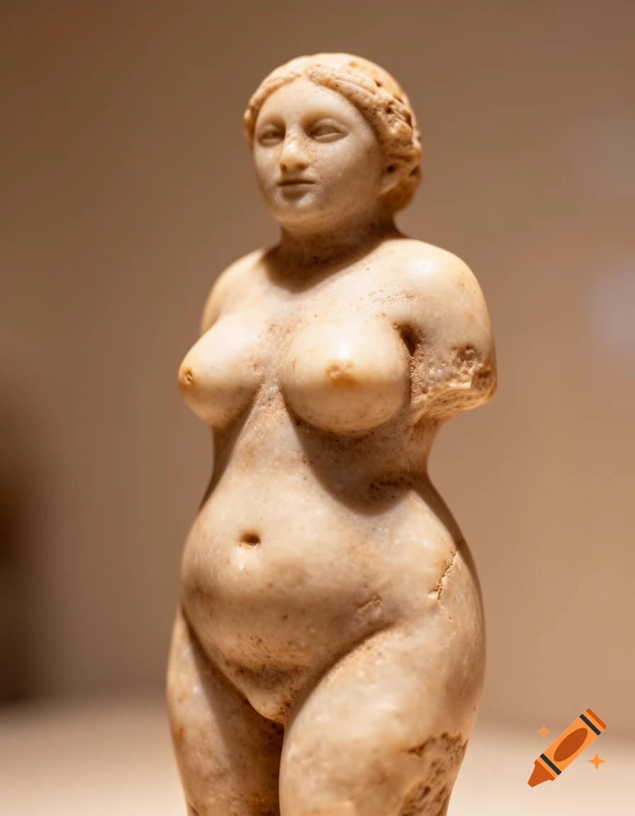 A close-up of a paleolithic marble Venus figurine, showing a female torso with breasts and an abdomen.