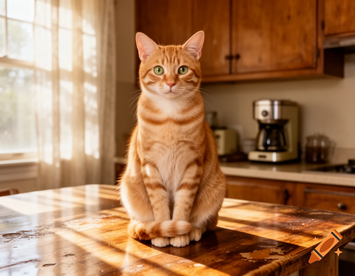 An orange tabby cat with green eyes sits on a wooden kitchen table, bathed in sunlight.
