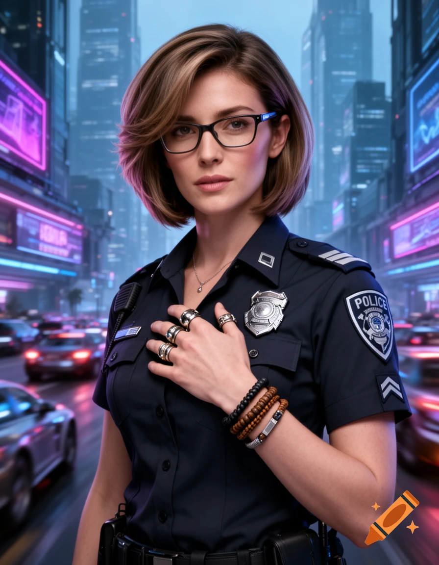A serious woman in a futuristic police uniform with short brown hair and glasses stands in a neon-lit city street.