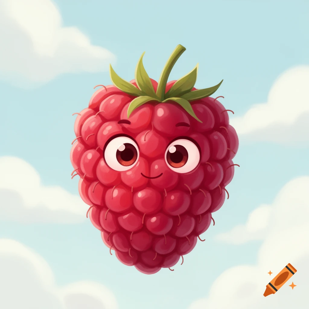 A cute cartoon raspberry character with a smiling face and big eyes floats in a blue sky with clouds.
