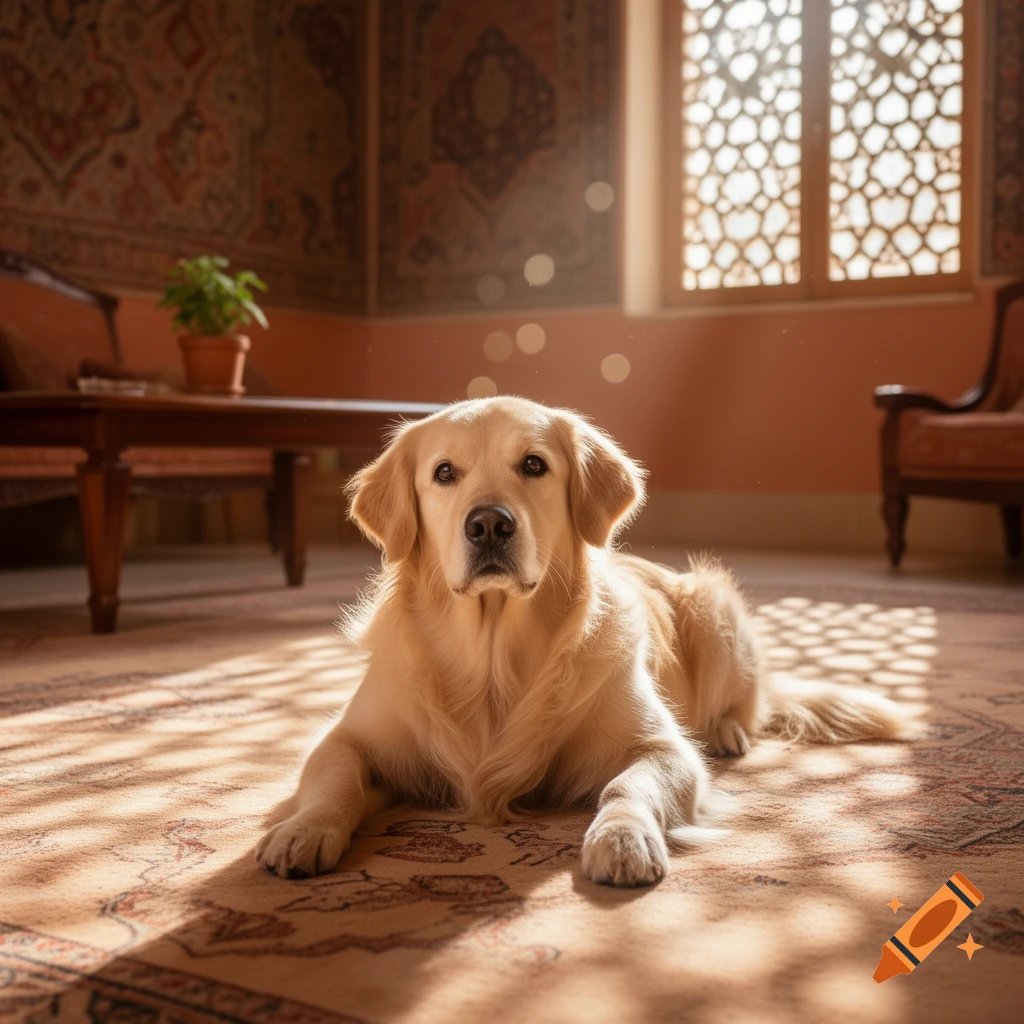 A Golden Retriever lies on an ornate rug in a sunlit room with patterned walls and a decorative window.