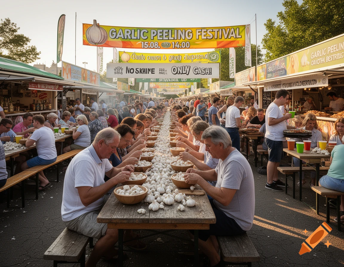 A crowded outdoor scene at a garlic peeling festival, with many people sitting at long tables, peeling garlic from large bowls.