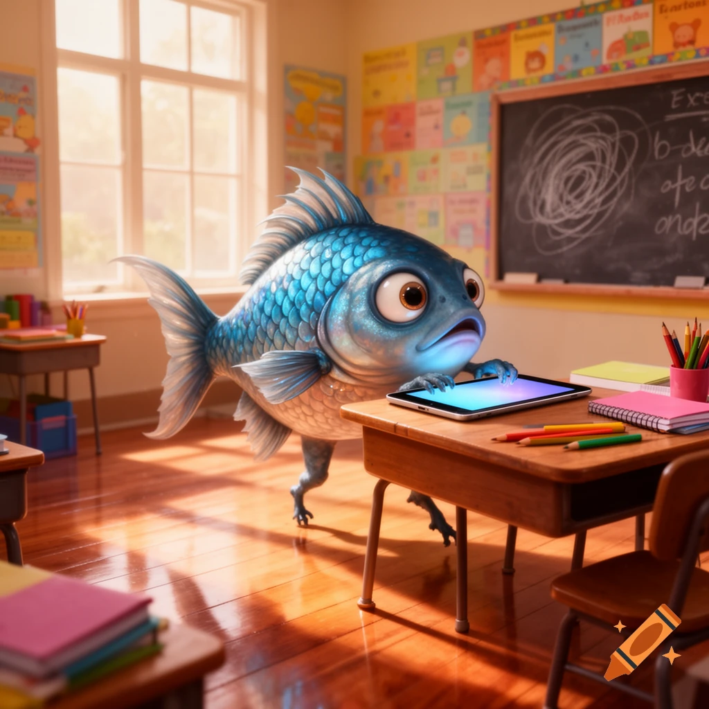 A large, anthropomorphic blue fish with big eyes uses an iPad on a desk in a sunlit classroom, with a blackboard in the background.