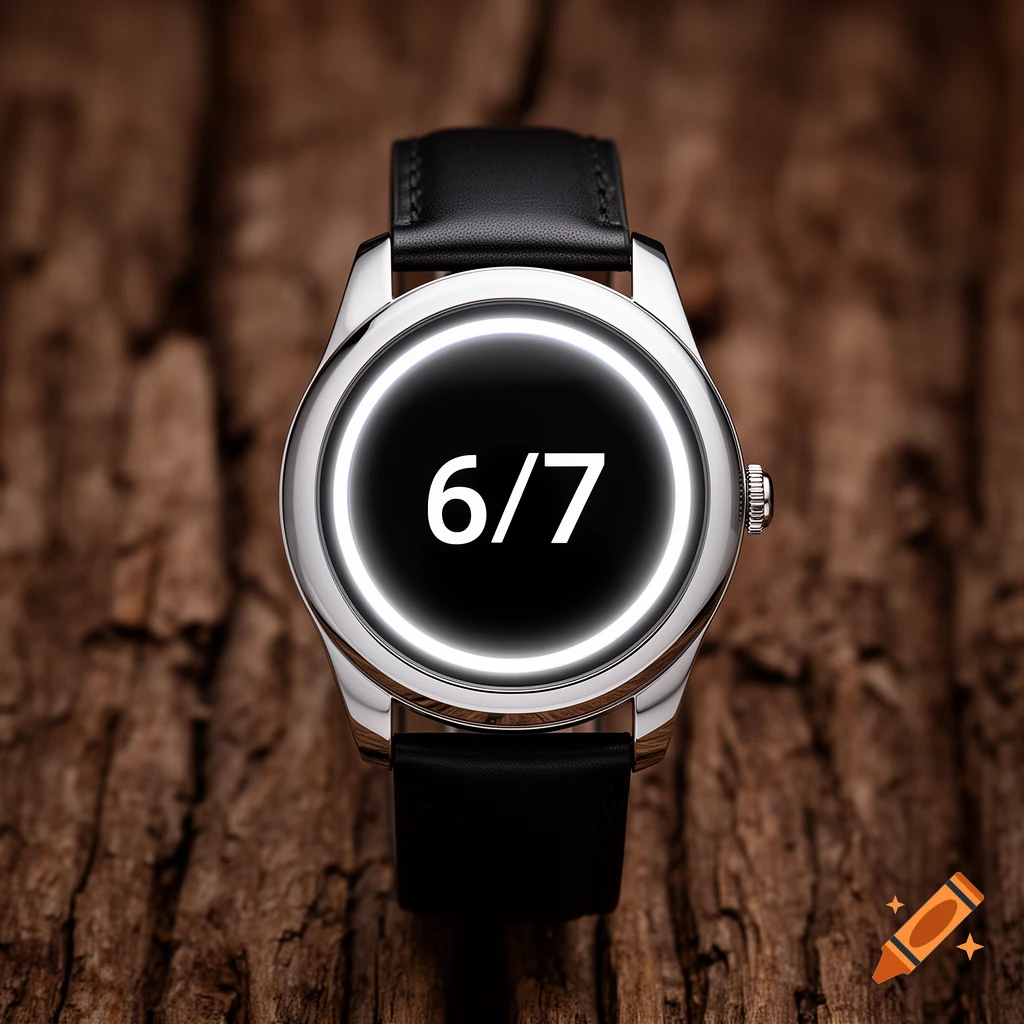A close-up, top-down view of a silver smartwatch with a black leather strap, displaying '6/7' on its glowing screen, resting on a textured wooden surface.
