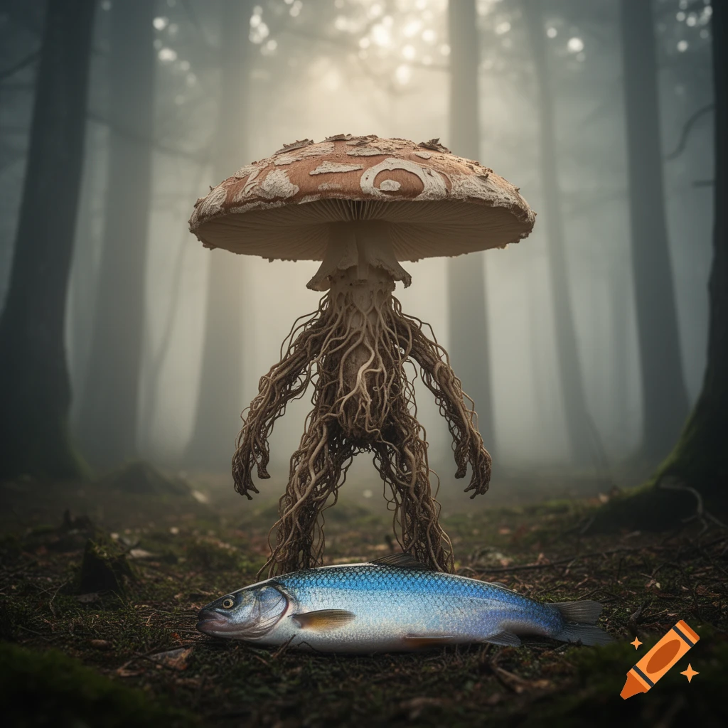 A creature with a mushroom cap and root-like body stands over a fish in a foggy forest.