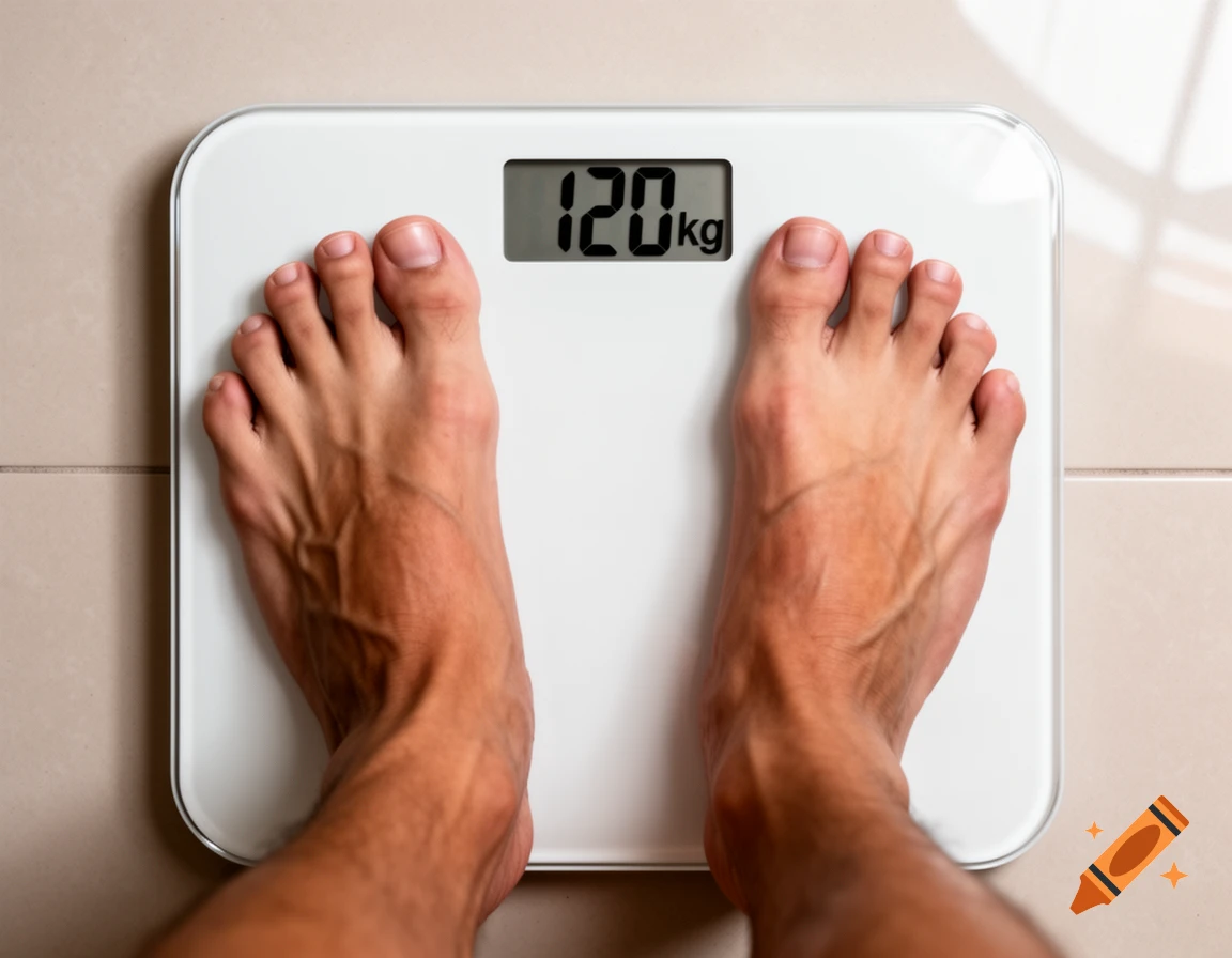 Bare feet stand on a white digital weighing scale displaying 120kg on a tiled floor.