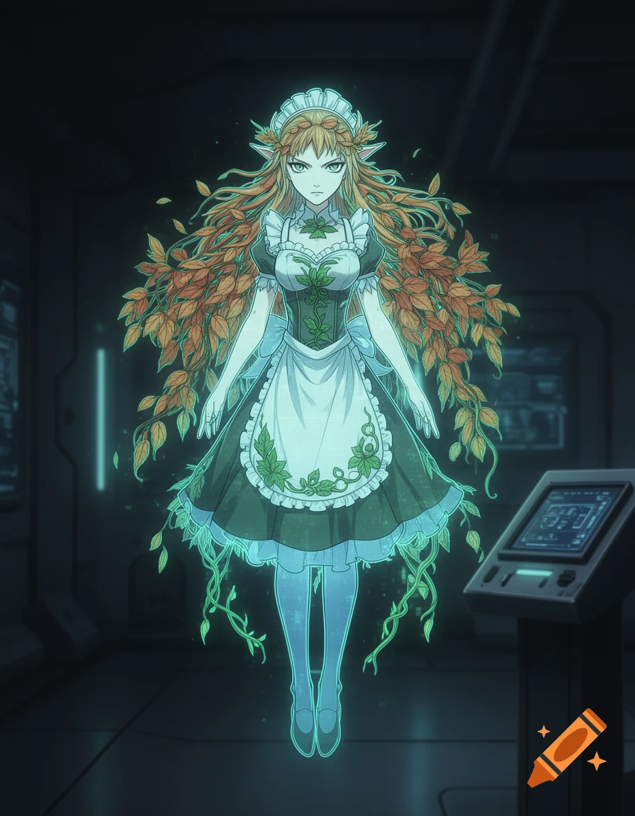 An anime-style dryad maid hologram with a stern expression, glowing blue, with autumn leaves for hair, stands in a dark sci-fi room.