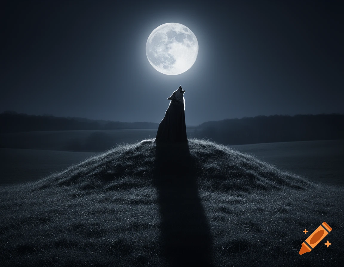 A silhouette of a wolf-like creature howls at a large full moon on a dark, grassy hill under a clear night sky.