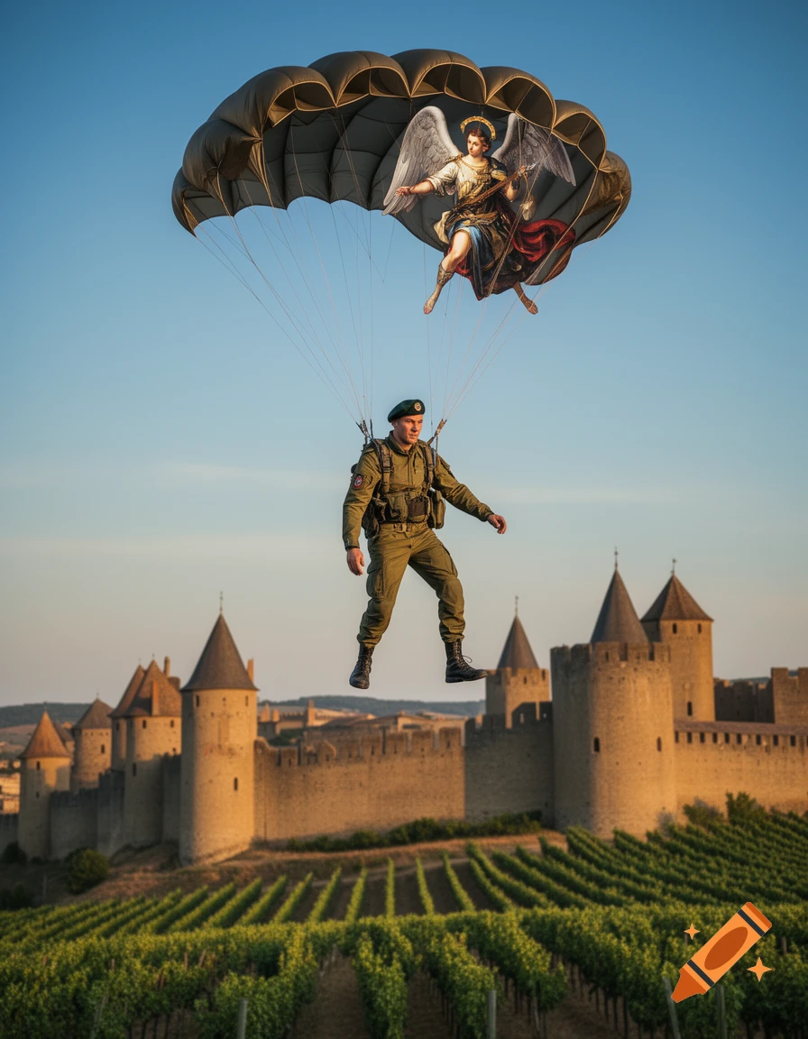 A soldier in a beret parachutes with an angel painted on his parachute, descending over a medieval castle and a vineyard.