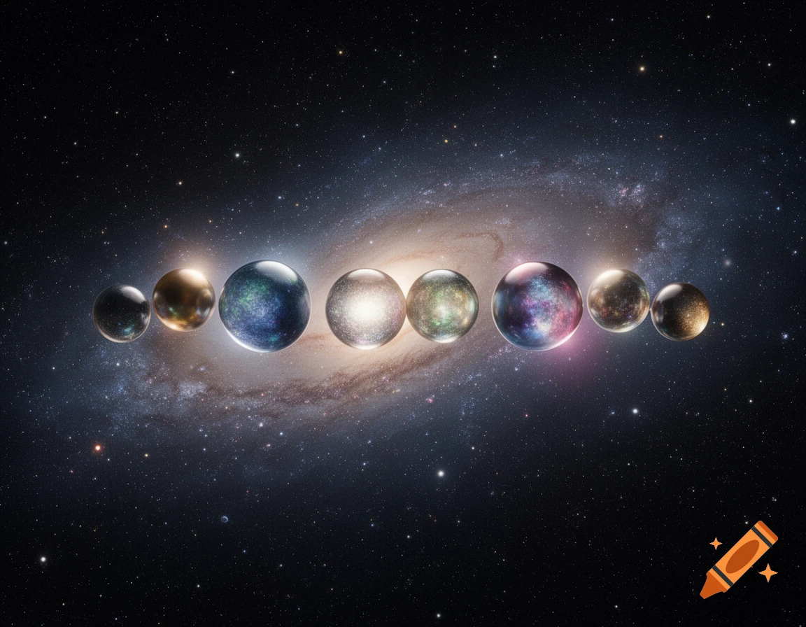 Nine colorful, reflective spheres of varying sizes float in deep space, set against a glowing spiral galaxy and numerous stars.