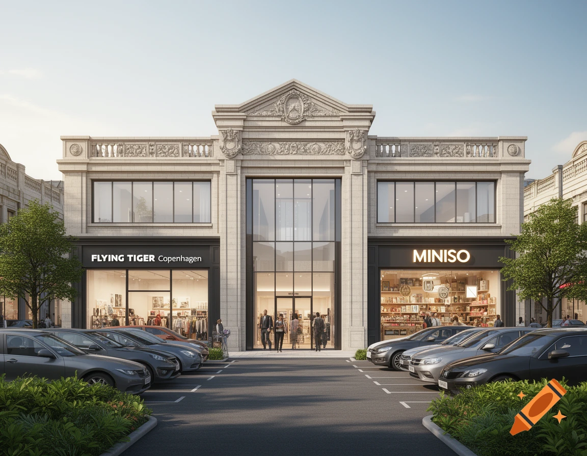 Photorealistic exterior of a shopping arcade featuring 'Flying Tiger Copenhagen' and 'MINISO' stores, with a car park.