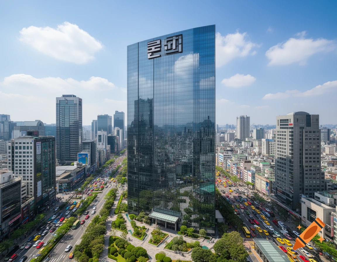 A modern glass skyscraper with 'Lotte' on its side stands amidst a bustling city with heavy traffic on tree-lined roads under a blue sky.