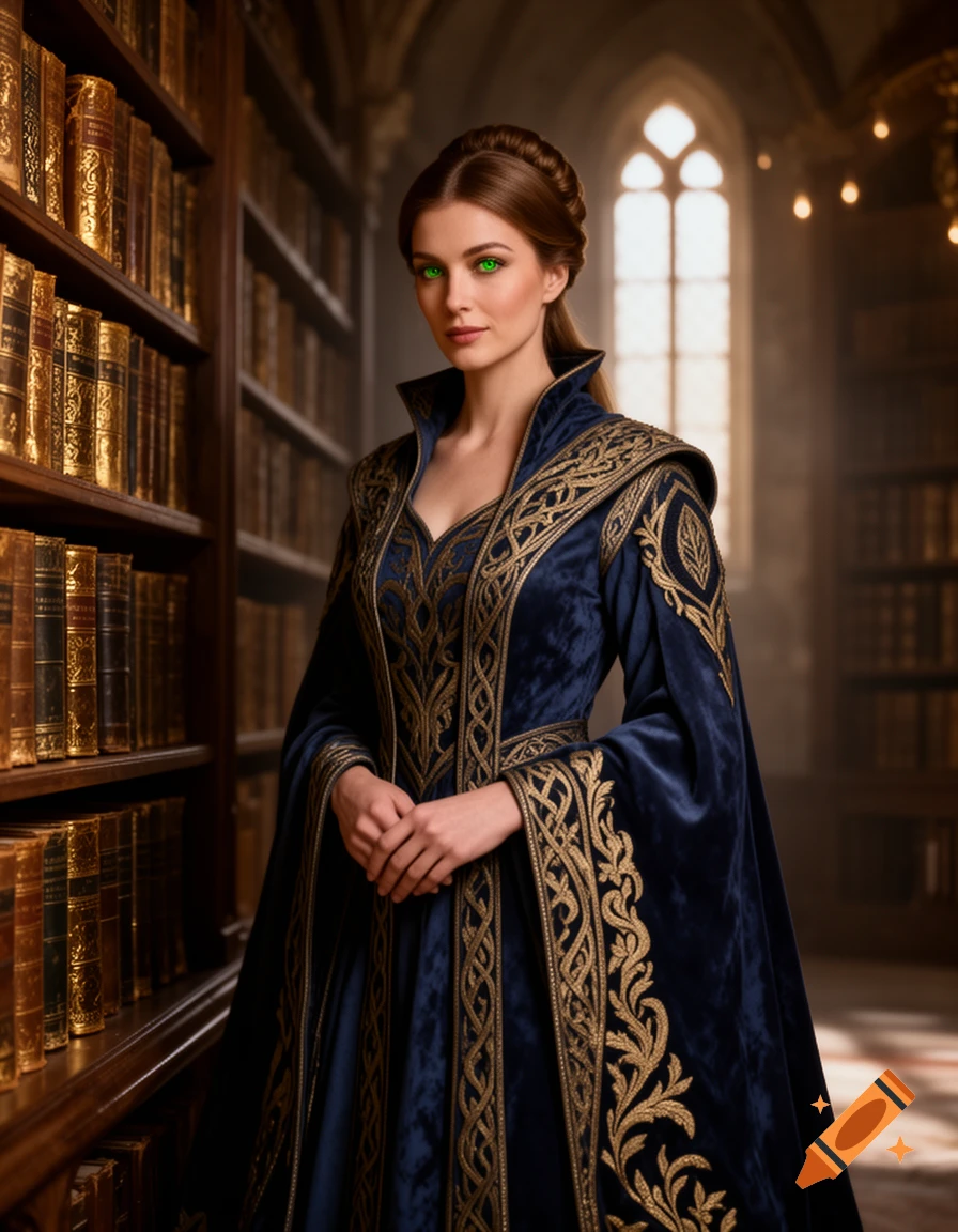 A woman with glowing green eyes and an elegant updo wears a regal blue and gold medieval gown in a dimly lit library.