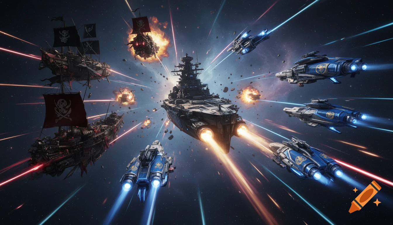 A dramatic space battle featuring a large battleship, futuristic blue ships, and flying pirate galleons with skull flags, amidst laser fire and explosions.