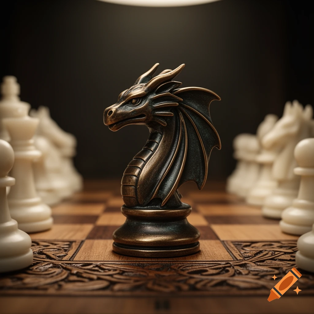 A detailed bronze dragon chess piece stands prominently on a wooden chessboard, with blurred white chess pieces in the background.