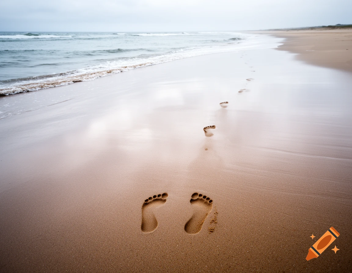 Close-up of human footprints in the wet sand along the edge of a beach, with waves gently washing the shore.