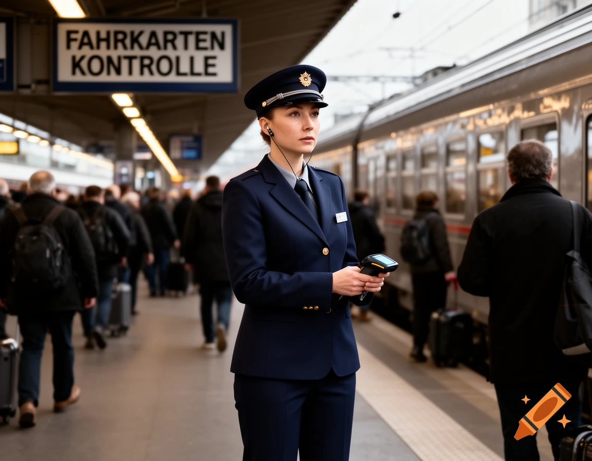 A female ticket inspector in a navy uniform stands on a busy train platform holding a scanner.