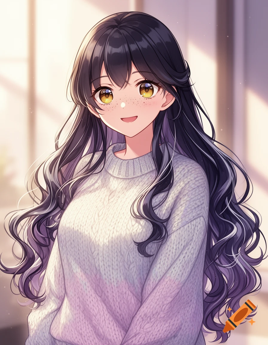Vibrant anime portrait of a girl with long dark wavy hair, freckles, hazel eyes, and a gentle smile, wearing a cozy white sweater.