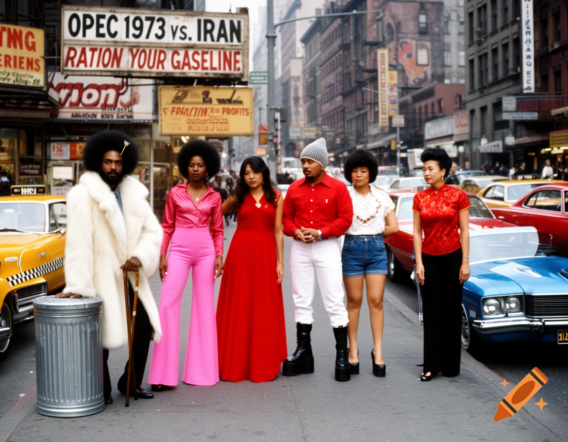 Six people in diverse 1970s fashion stand on a New York City street with vintage cars and signs.