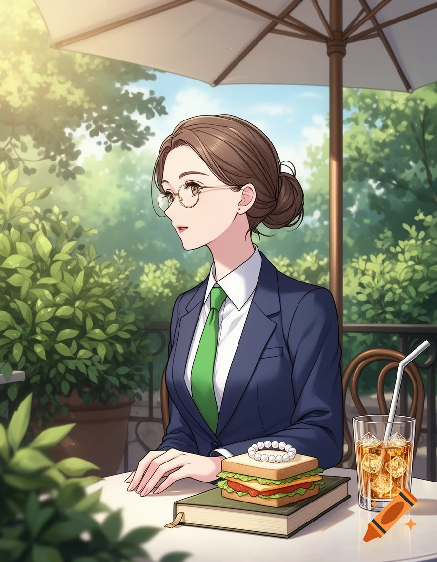Anime illustration of a young woman in a navy suit and green tie at an outdoor cafe, with a sandwich and iced drink.