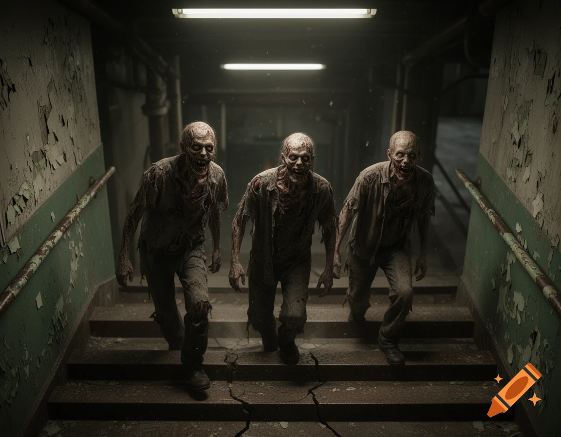 Three gruesome zombies shuffle down a dark, decaying stairwell with peeling walls.