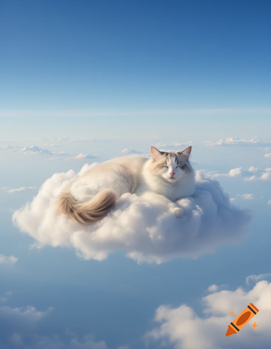 A fluffy white and light brown cat sleeps peacefully on a soft cloud in a clear blue sky.