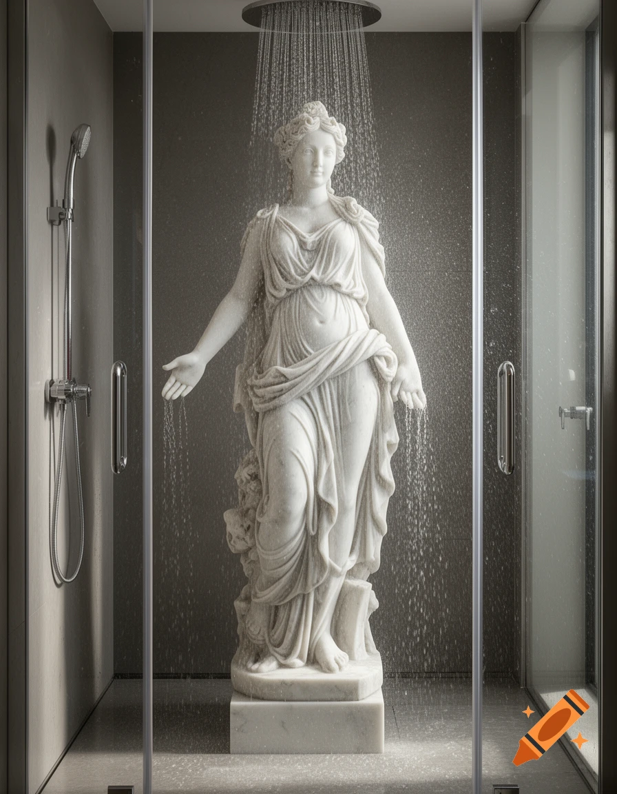 Photorealistic classical marble statue of a draped female figure showering in a modern glass shower stall.