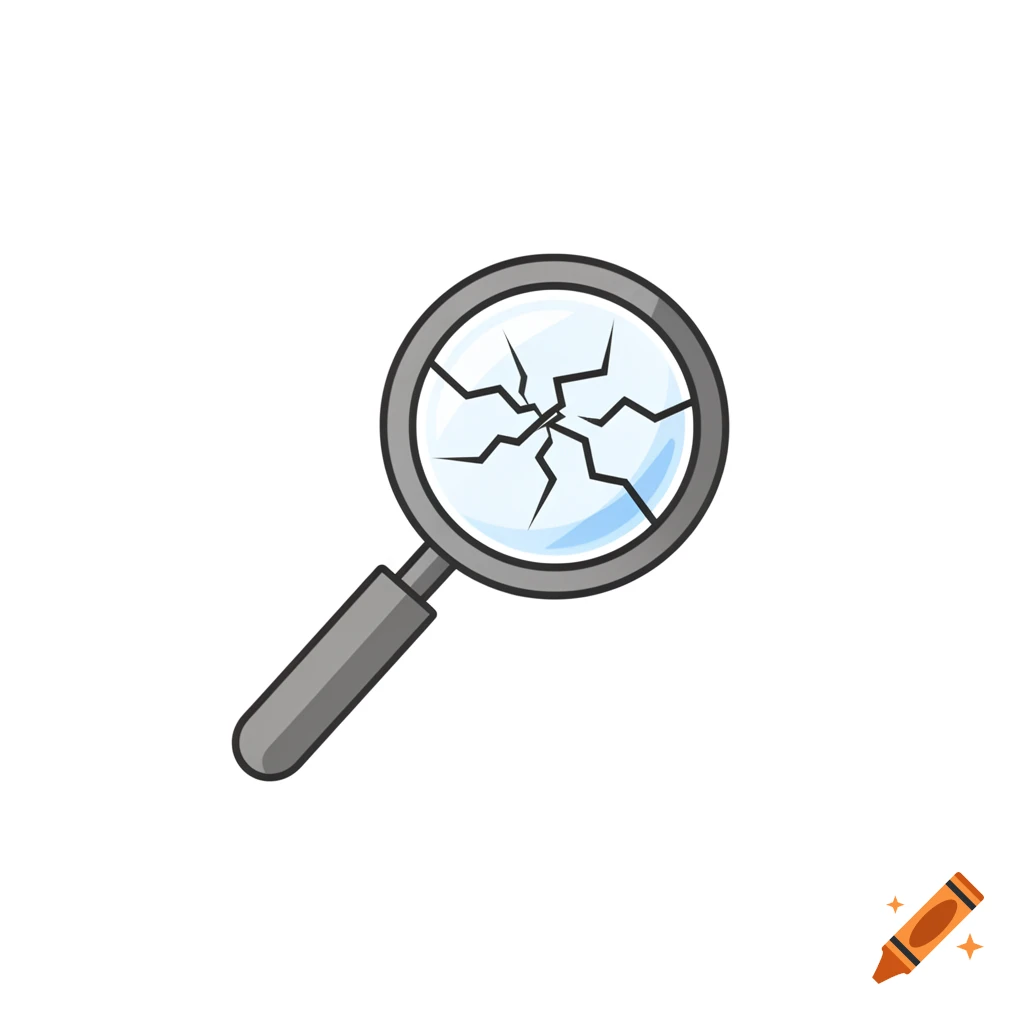 A cartoon-style icon of a magnifying glass with a shattered or cracked lens.