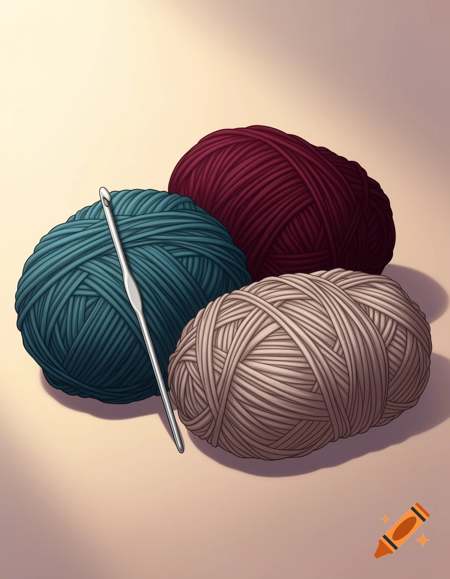 Three balls of yarn in teal, wine red, and taupe with a silver crochet hook, in anime style.