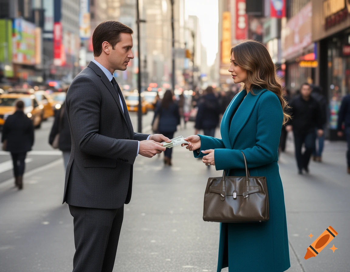 A man in a suit hands money to a woman in a teal coat, with a busy city street and yellow taxis in the background.